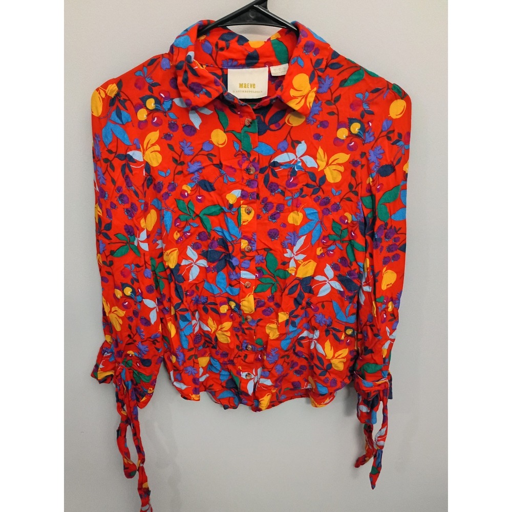 Maeve Anthropologie Red Floral Fruit Print Button Down Tie Cuff Blouse Size 2
